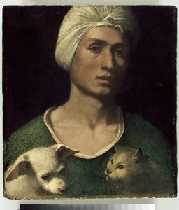 Portrett av en ung mann med en hund og en katt